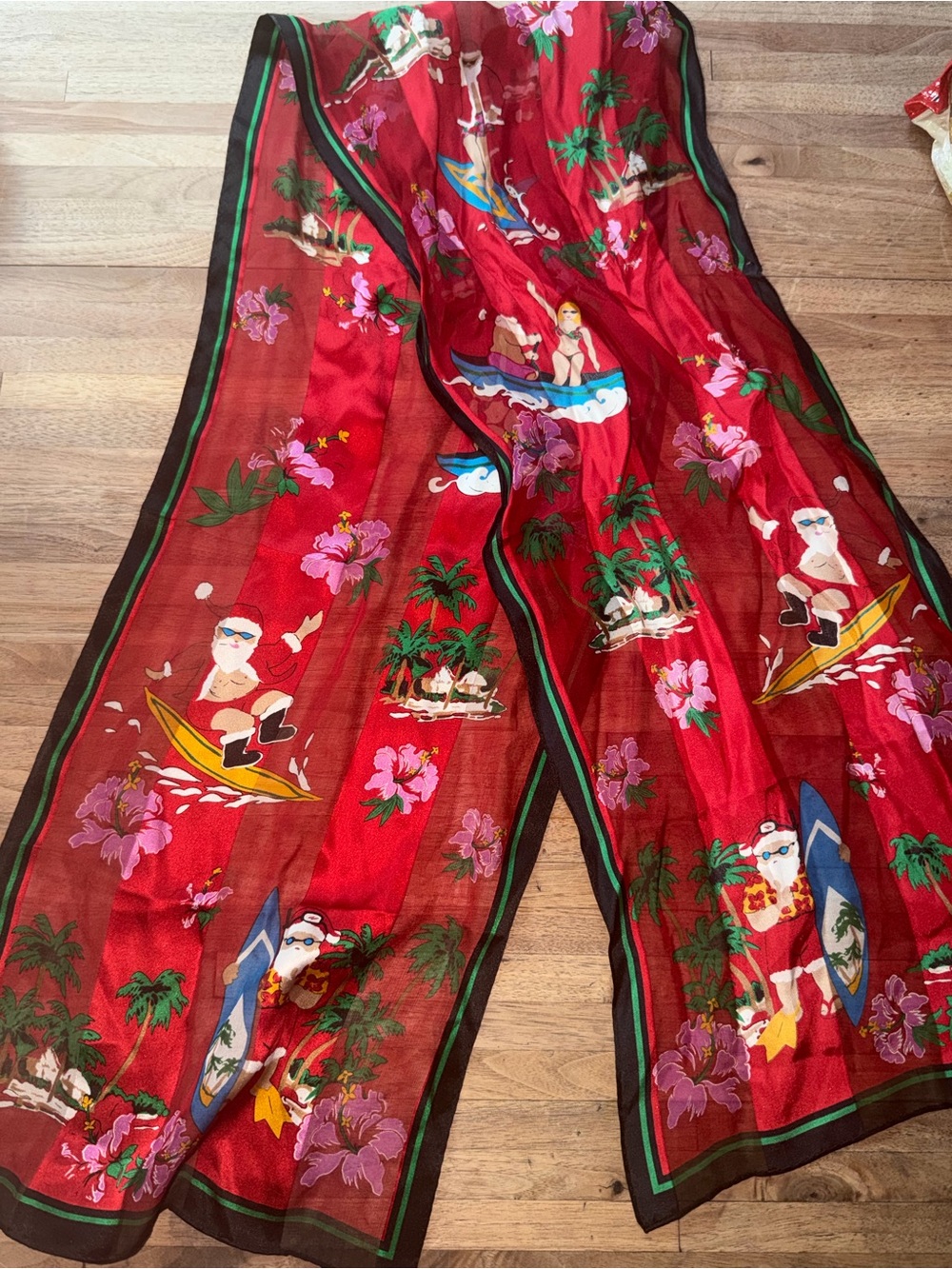 Vintage Elaine Gold 100% Silk Scarf Surfing Santa